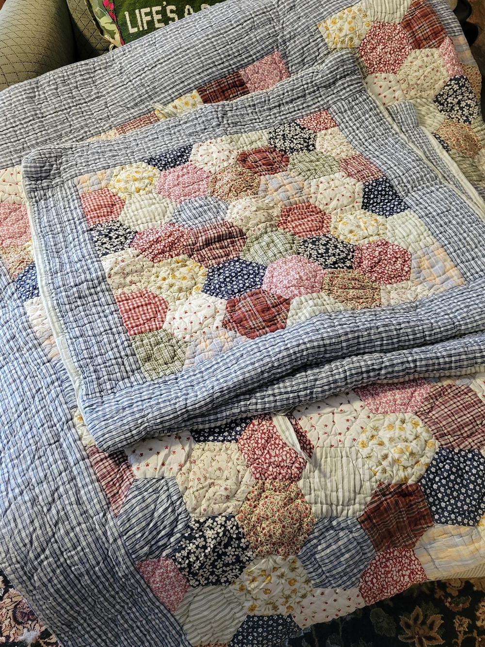 Pottery Barn Patchwork Hexagon Quilt Throw in Blue, Pink, Cream, Navy